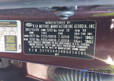 2011 Kia Sorento Ex V6 z USA, uszkodzony, nr VIN 5XYKU4A28BG014181